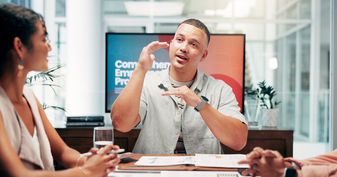 Office, people and businessman with discussion in workshop, employees wellness and health program. Boardroom, colleagues and HR manager with feedback in meeting, support policy and review report