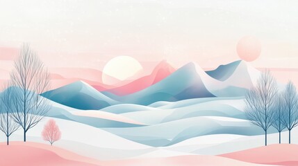 Abstract winter landscape with geometric shapes and pastel colors illustration