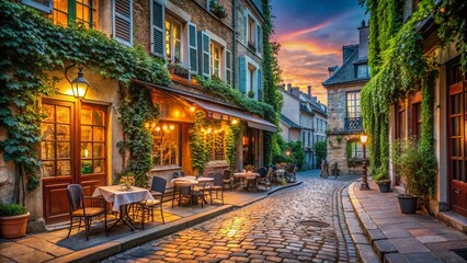 Fototapeta premium Parisian Restaurant Street Scene: Charming Bistro Exterior at Sunset