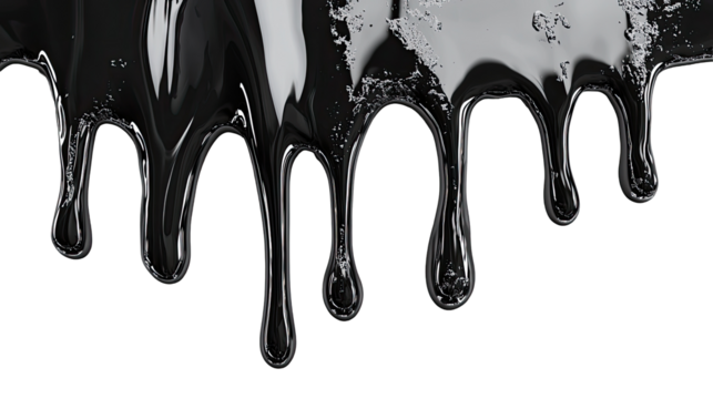 Black glossy liquid dripping effect, isolated on transparent background