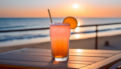 Aesthetic pastel-toned illustration of a beachside drink, featuring a soft blue ocean in the background, creating a serene, dreamy vibe.
