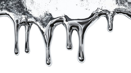 Metallic silver drips with a reflective surface, isolated on transparent background