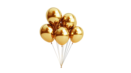Cluster of golden balloons floating, isolated on transparent background