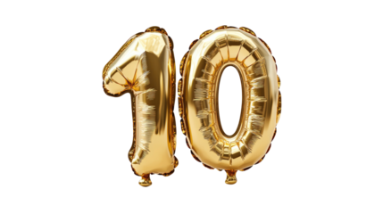 Golden number 10 balloon decoration, isolated on transparent background