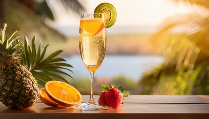 Champagne and tropical fruit-infused sparkling water served in a flute glass, with golden bubbles and a festive, refreshing vibe.
