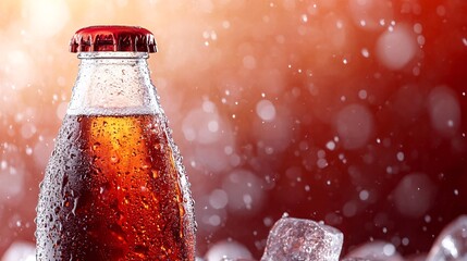 Cold fizzy drink bottle with ice, bokeh background.  Perfect for advertisement