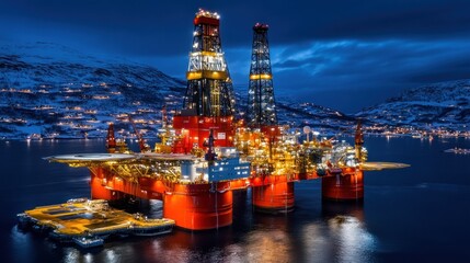 Obraz premium Night Scene of an Offshore Oil Rig in Norway