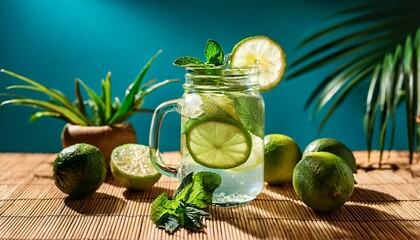 Citrus mojito with floating lime slices and fresh mint leaves, served in a mason jar — a refreshing and vibrant summer drink.
