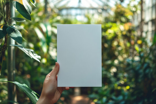 Hand holding a blank textured menu mockup against a lush green background, perfect for branding, restaurant identity, advertising, or design presentation in a natural setting. Copy space, mock up