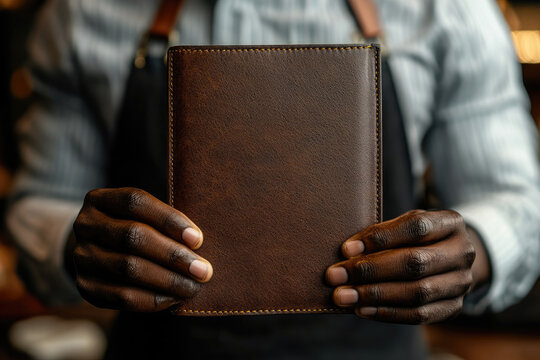 Close-up of a waiter in formal attire with a leather empty menu in a sophisticated restaurant, symbolizing hospitality, fine dining,luxury service in an upscale dining environment. Copy space, mock up