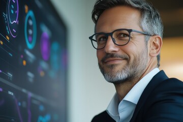 A confident professional man smiles while looking at digital data displays, showcasing innovation and technology in a modern workspace.