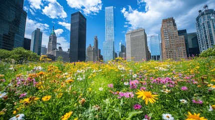 Naklejka premium Vibrant Meadow Against NYC Skyline