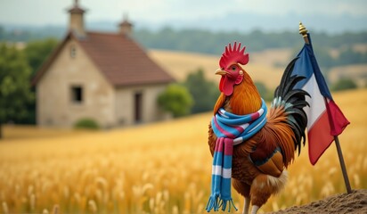 Poster for Bastille Day celebration: proud and beautiful Gallic Rooster and french flag
