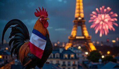Poster for Bastille Day celebration: proud and beautiful Gallic Rooster and french flag