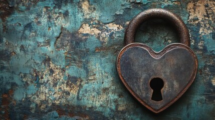 Vintage padlock with heart-shaped keyhole on textured background