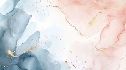 Obraz premium Watercolor art background vector. Wallpaper design with paint brush and gold line art. Earth tone blue, pink, ivory, beige watercolor Illustration for prints, wall art, cover and invitation cards.