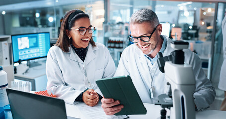 Funny, science and tablet with people in laboratory together for breakthrough or development....