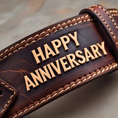 Happy Anniversary embossed on brown leather belt. 