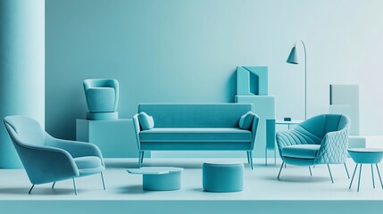 Modern furniture arrangement in soothing blue tones.