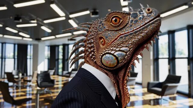 Reptilian business transformation: iguana human hybrid in modern office setting. 4k stock footage