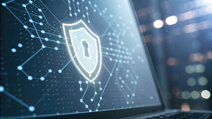 Close-up of a glowing shield icon on a digital screen, symbolizing cybersecurity and protection, with binary code and network connections in the background. Digital security and data protection