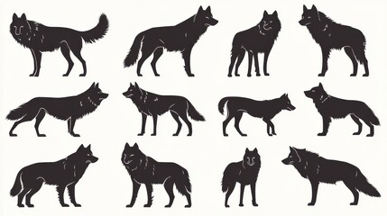 Majestic black wolf silhouettes in diverse poses for modern vector art. Animal illustration concept illustration