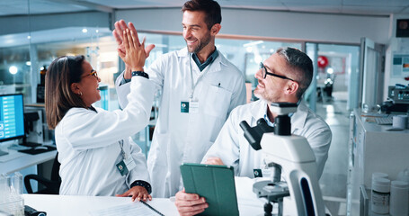High five, science and tablet with people in lab together for breakthrough, development or success....