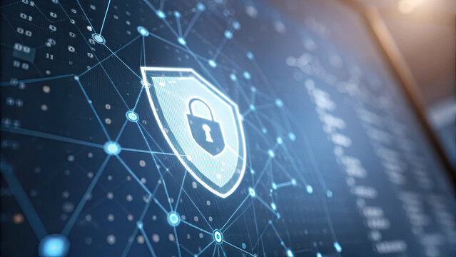 Close-up of a glowing shield icon on a digital screen, symbolizing cybersecurity and protection, with binary code and network connections in the background. Digital security and data protection