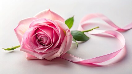 Pink Rose Ribbon White Background Product Photography: Elegant Floral Arrangement, Studio Shot