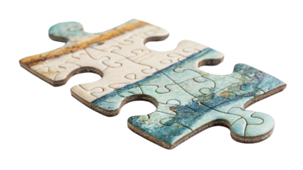 Detailed view of a single jigsaw puzzle piece, isolated on white