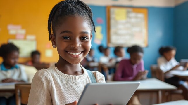 Happy African teen school girl holding device using digital tablet computer at class in classroom. Smiling black junior school student learning online education program app technology during lesson.