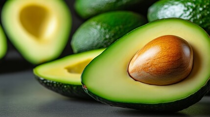 Green avocado with a brown seed in the middle. The avocado is cut in half and the seed is visible