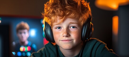 Fototapeta premium Boy with red hair is wearing headphones and smiling. He is playing a video game. Scene is happy and playful
