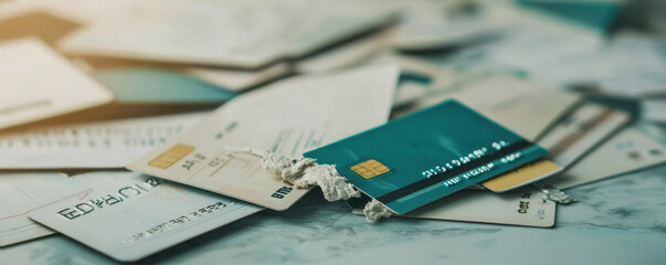 Torn credit cards and unpaid bills scattered on table