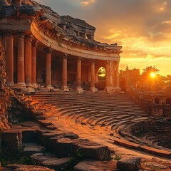 Fototapeta premium Sunlit Roman ruins with dramatic sky high resolution picture