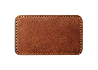 Blank brown leather label with stitching on a transparent background. Ideal for branding and design mockups.