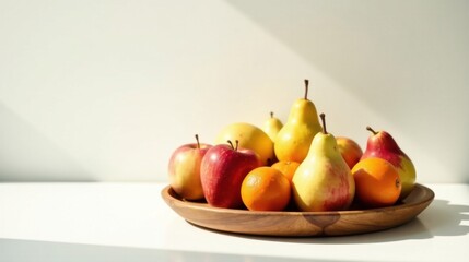 A sunlit wooden bowl overflows with a vibrant assortment of ripe apples and pears, complemented by the bright citrus hues of several oranges, creating a still life of fresh fruit.