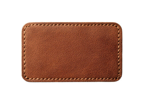 Blank brown leather label with stitching on a transparent background. Ideal for branding and design mockups.