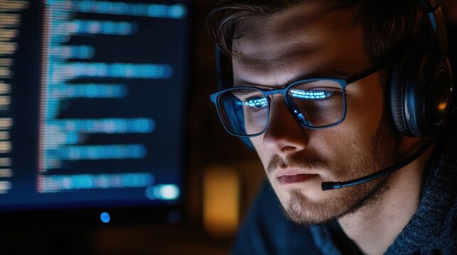 A man in glasses and headphones looks intently at a computer screen filled with code.