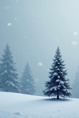 Obraz premium Serene Winter Scene A Single Snow-Covered Evergreen Tree Stands in a Snowy Field, Surrounded by a Misty Forest Under a Gently Falling Snow