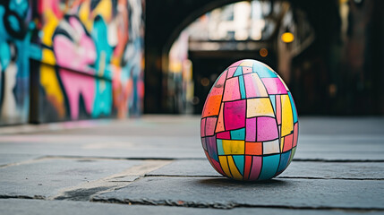 Graffiti-covered Easter eggs on a rough urban concrete surface, neon street lights in the background, edgy photography aesthetic
