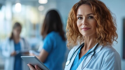 Portrait of beautiful mature woman doctor holding digital tablet and looking at camera. Confident female doctor using digital tablet with colleague talking in background at hospital. Latin nurse.