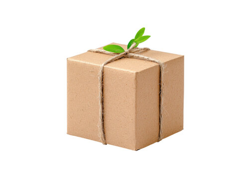 Brown cardboard box tied with twine and decorated with green leaves on a transparent background. Concept of eco friendly packaging and sustainable delivery.