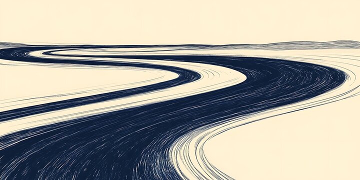 Abstract Ink Drawing of a Winding River Flowing Through a Landscape Depicting Serenity and Movement