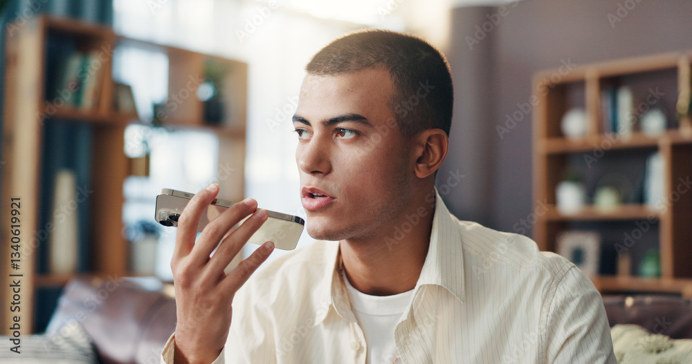 Poster speaker, voice note and man with phone in home for communication, talking and chatting on call. onli