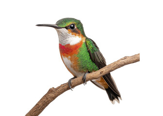 Fototapeta premium A colorful Rufous breasted Hermit hummingbird perched on a branch against a transparent background. Birdwatching and wildlife concept.