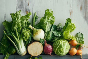 A fresh assortment of healthy vegetables, including cabbage, onion, celery, and potato, artfully arranged on a surface