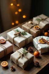Rustic Christmas Gift Packaging with Natural Accents and Festive Decorations on Wooden Surface
