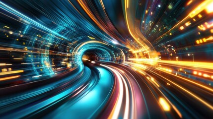 Quantum pipe at the center of a futuristic cityscape with light trails and neon lights creating a dynamic scene illustration