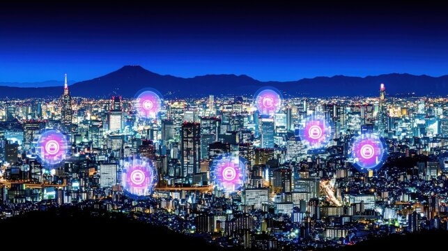 A vibrant tokyo cityscape filled with bitcoin icons representing modern cryptocurrency and network troubleshooting